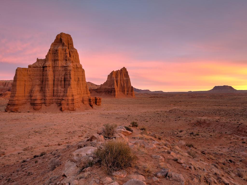Temple of the Moon and Sun, Capital Reef National Park, Utah, USA at sunset.