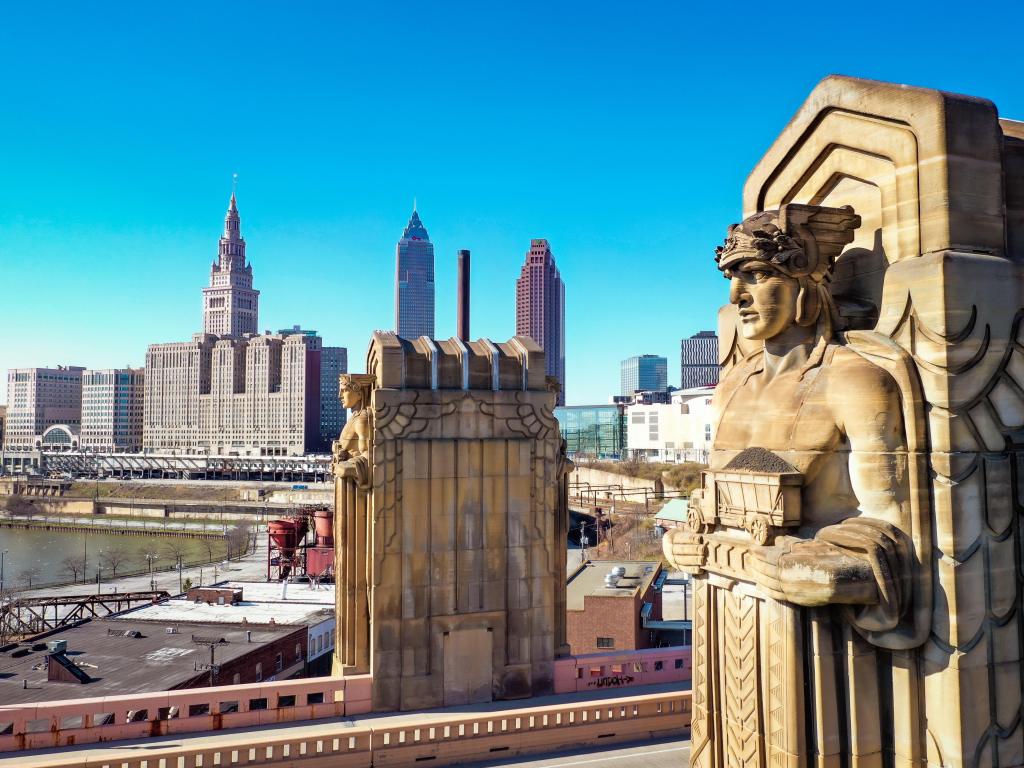 Aerial view of the Guardians of Transportation on Hope Memorial Bridge in Cleveland, Ohio, on a sunny day