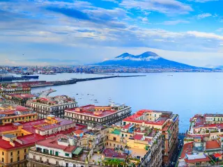 Panoramic seascape of Naples, view of the port in the Gulf of Naples, Torre del Greco, and Mount Vesuvius. The province of Campania. Italy.