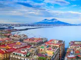 Panoramic seascape of Naples, view of the port in the Gulf of Naples, Torre del Greco, and Mount Vesuvius. The province of Campania. Italy.