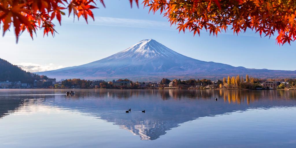 Mount Fuji reflected on Lake Kawaguchi, Japan 