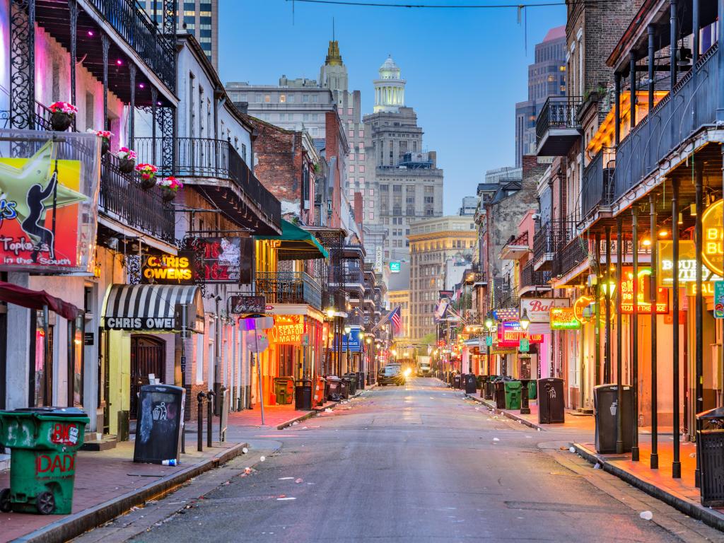 New Orleans, Louisiana, USA with a view of Bourbon Street in the early morning. The renown nightlife destination is in the heart of the French Quarter.