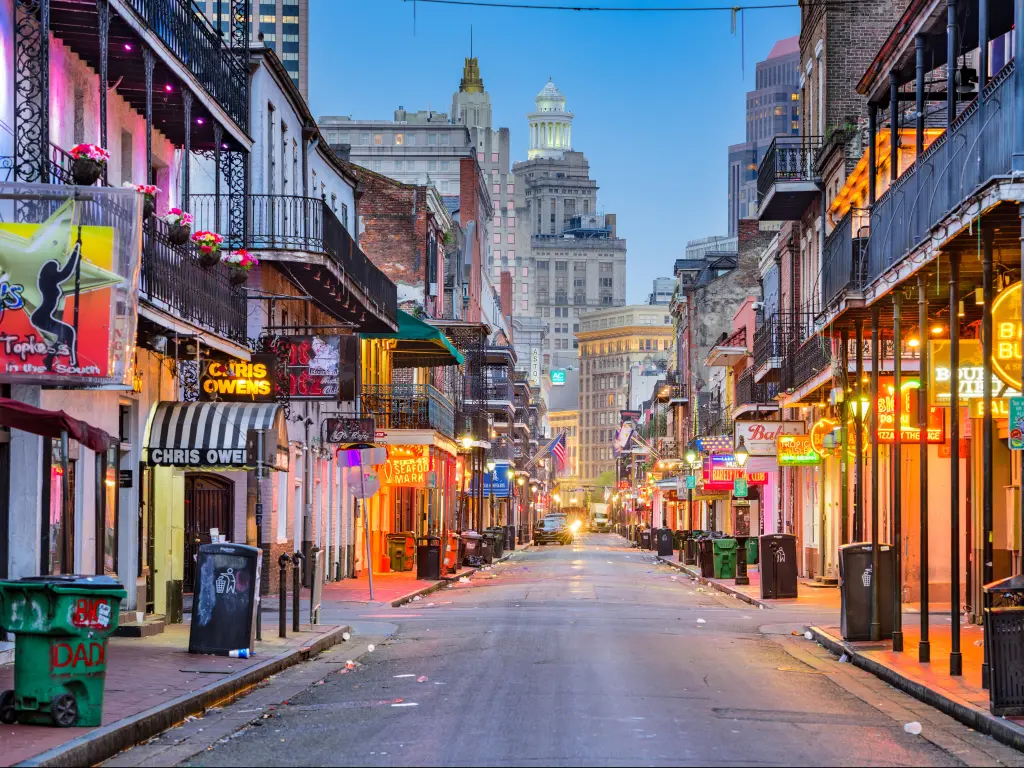 New Orleans, Louisiana, USA with a view of Bourbon Street in the early morning. The renown nightlife destination is in the heart of the French Quarter.