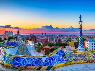 Skyline panorama of Barcelona at sunrise. Spain
