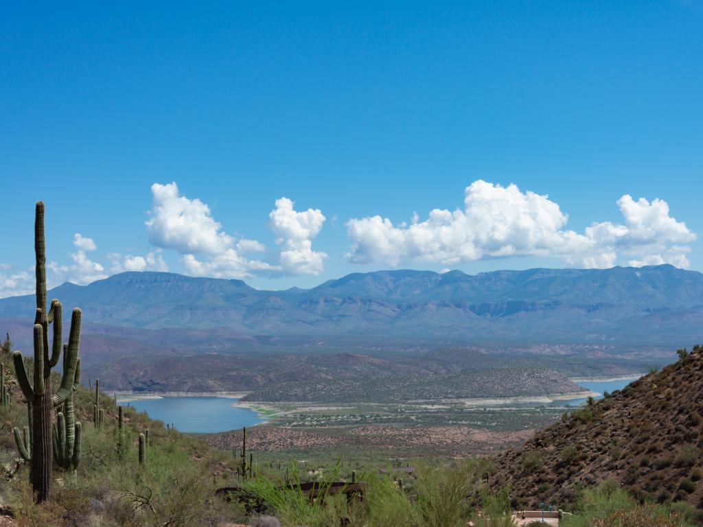 A wide shot of Kennedy Lake and the surrounding mountains, cacti in the background with a blue sky and a cloud ridge.