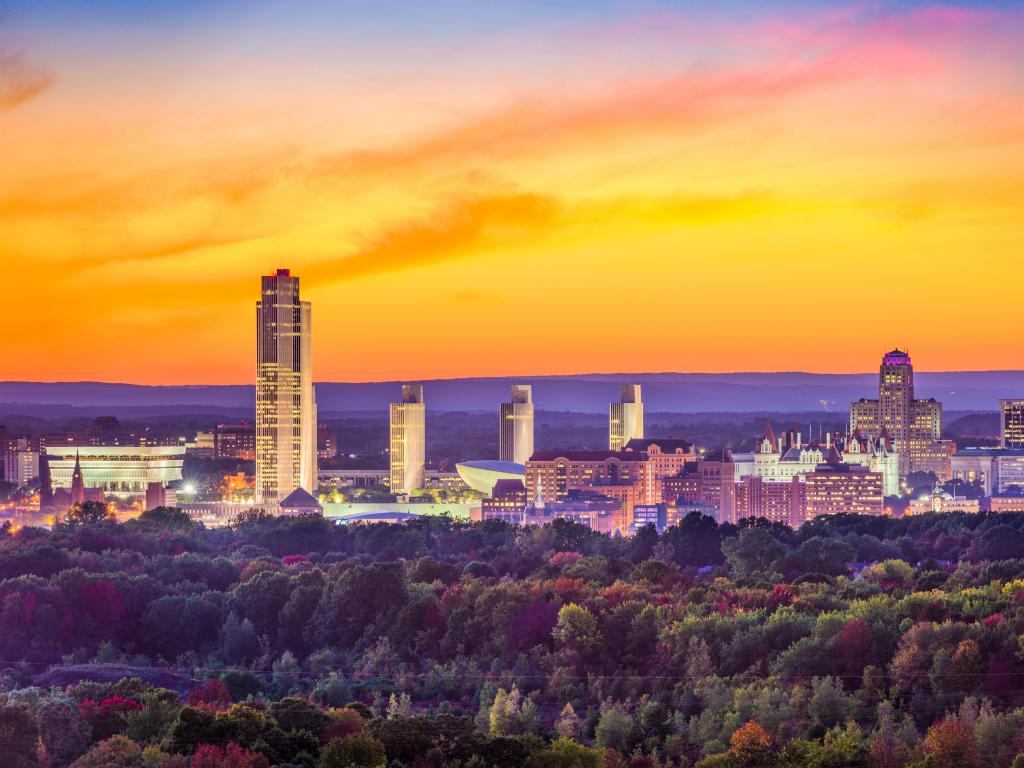Albany, New York, USA city skyline at dusk in autumn.