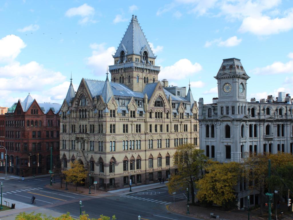 Syracuse, New York, USA with stunning architecture in Clinton Square on a sunny day.