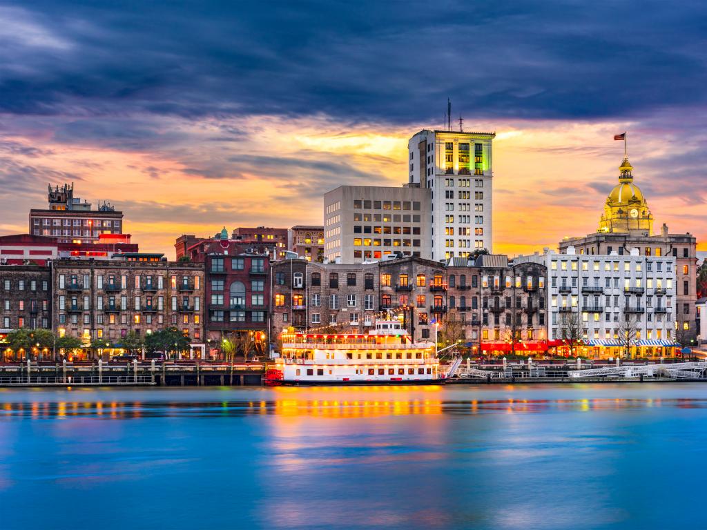 View of the Savannah River and city skyline in Savannah, Georgia