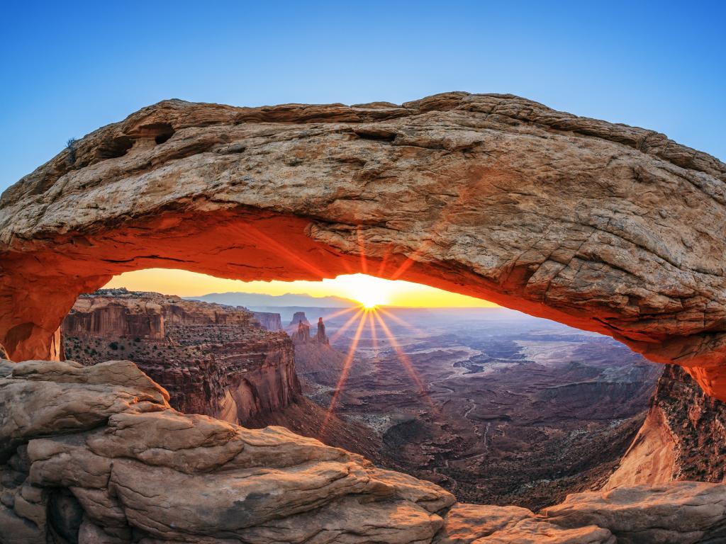 View down into the canyon from the Mesa Arch in Canyonlands National Park, Utah.