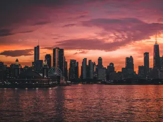 Chicago, USA taken at sunset from Lake Michigan in the foreground. 