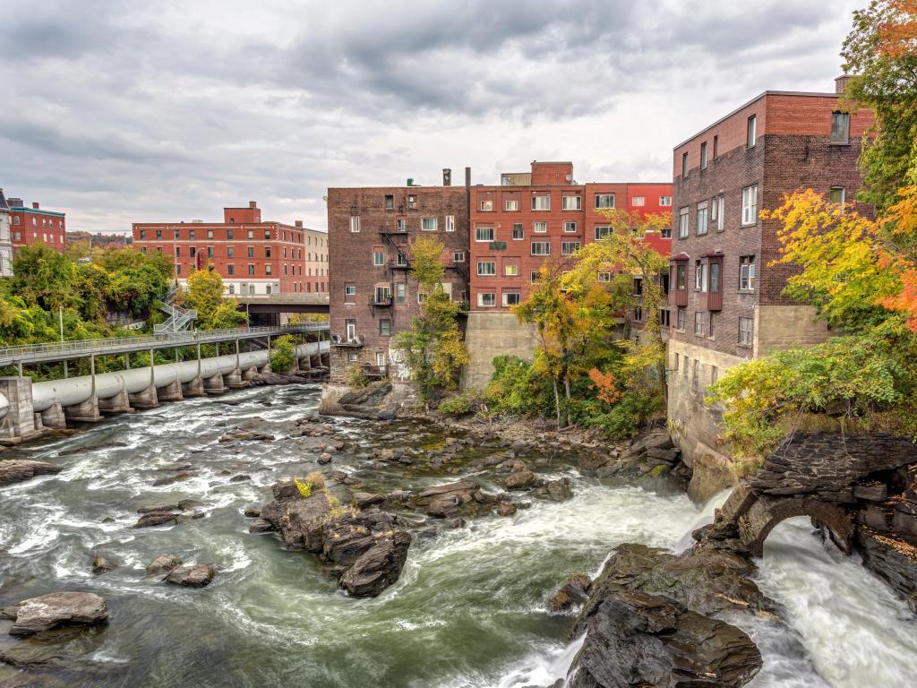 Sherbrooke, Quebec, Canada with the Magog River flowing in the heart of Sherbrooke city in Autumn.
