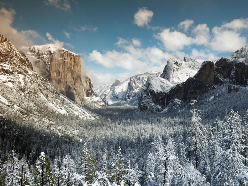 Winter View of El Capitan, Bridal Veil Falls and Half Dome seen from the Tunnel view. Yosemite National Park.