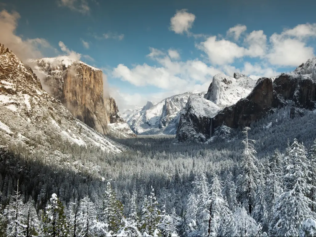 Winter View of El Capitan, Bridal Veil Falls and Half Dome seen from the Tunnel view. Yosemite National Park.