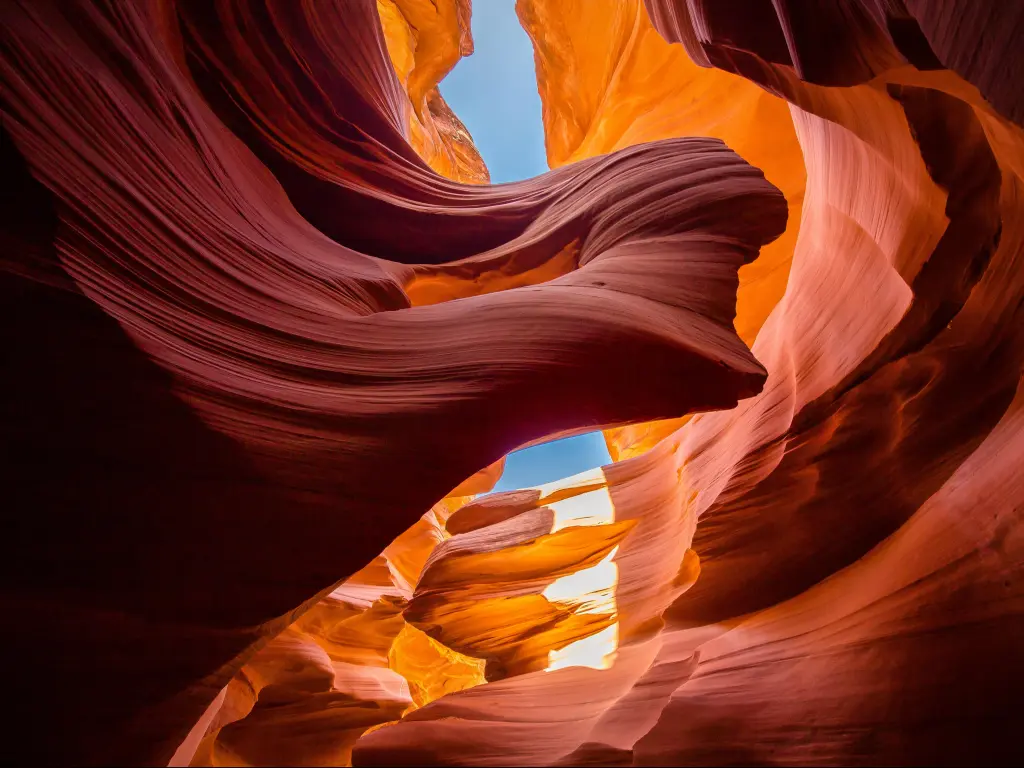 Antelope Canyon, Arizona with a wide angle of amazing sandstone formations in Antelope Canyon on a sunny day.