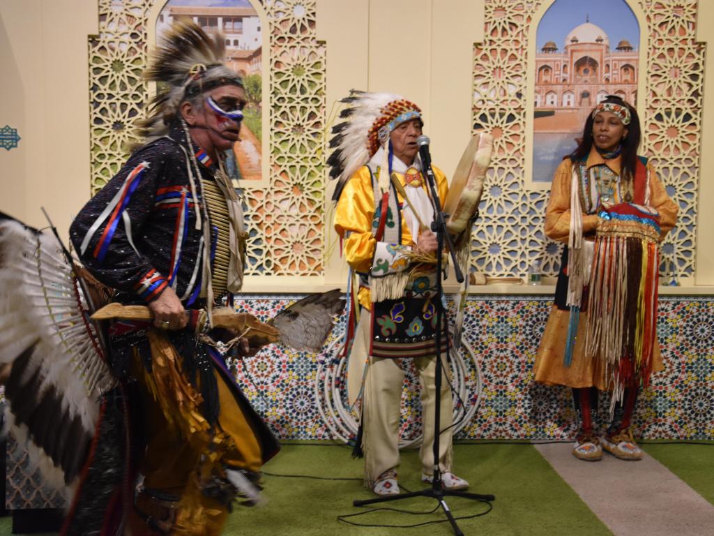 Musical performance with three Indian chiefs and instruments, at Children's Museum of Manhattan in New York