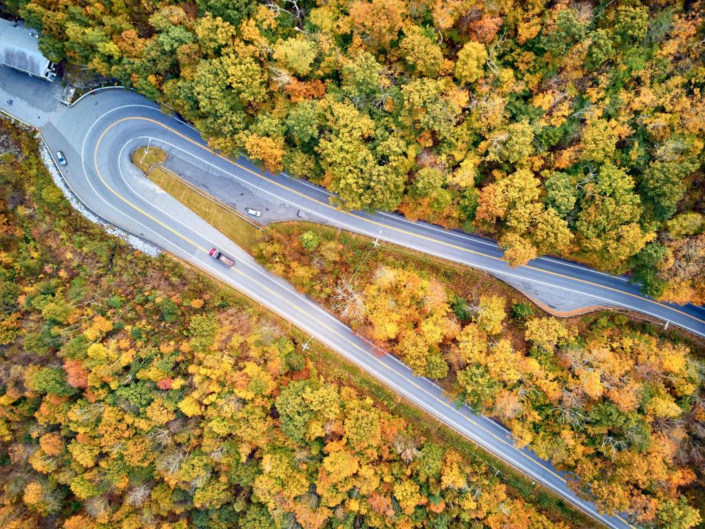 Highway hairpin turn in fall on the Mohawk Trail in Massachusetts