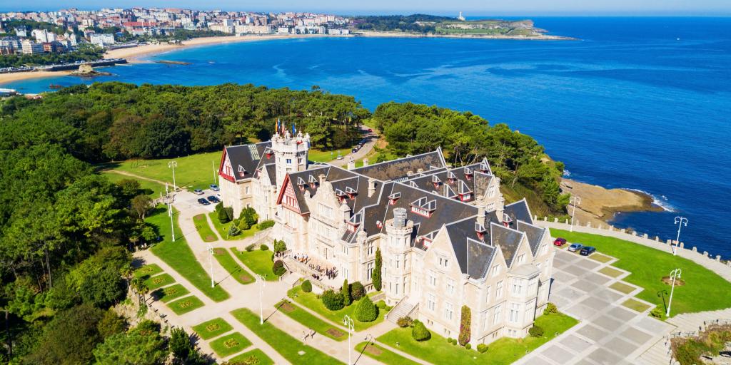 Aeria view of the grand Palacio Magdalena on a peninsula in Santander, Spain