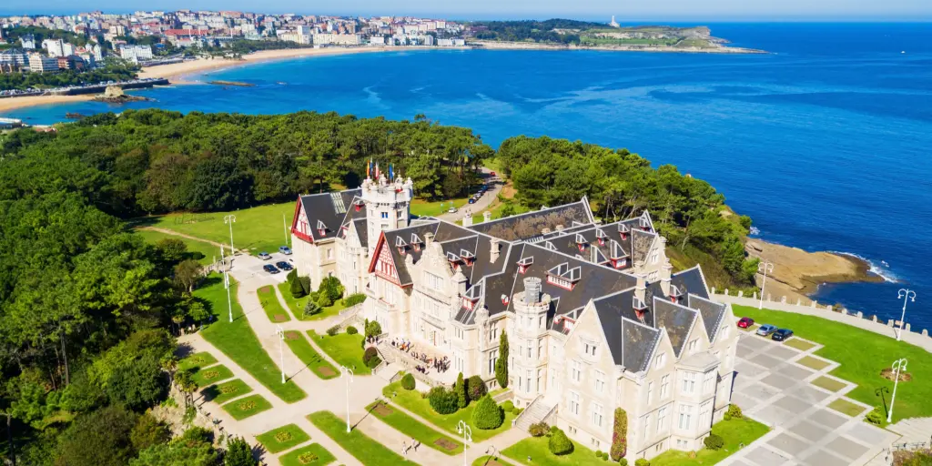Aeria view of the grand Palacio Magdalena on a peninsula in Santander, Spain