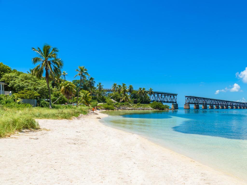 Bahia Honda State Park, Big Pine Key, Florida with a tropical coast and beach in the foreground and a tall bridge in the background under a blue sky.