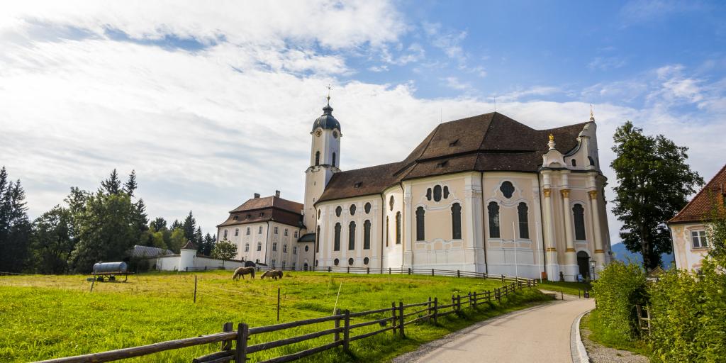 The Pilgrimage Church of Wies (Wieskirche), an oval rococo church located in the foothills of the Alps, Bavaria, Germany.