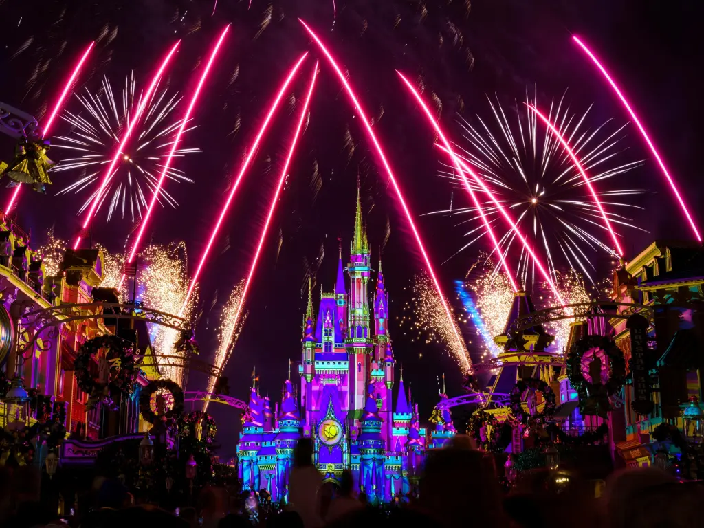 Fireworks and lit up castle in Magic Kingdom in Walt Disney World Resort