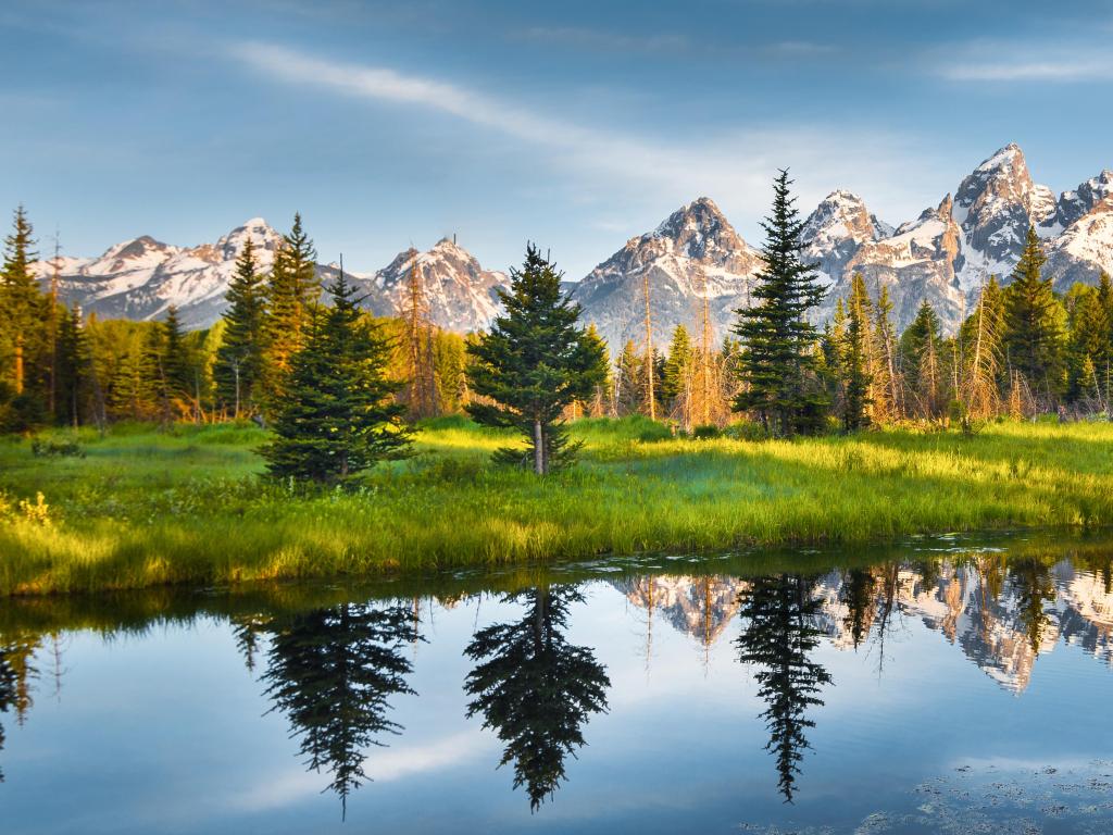 Panoramic view of Grand Teton range in Grand Teton National Park, Wyoming, USA. 