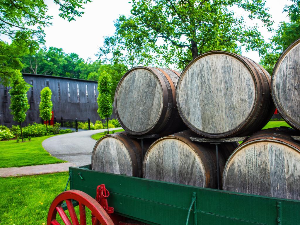 Bourbon barrels on an antique wagon in Kentucky.