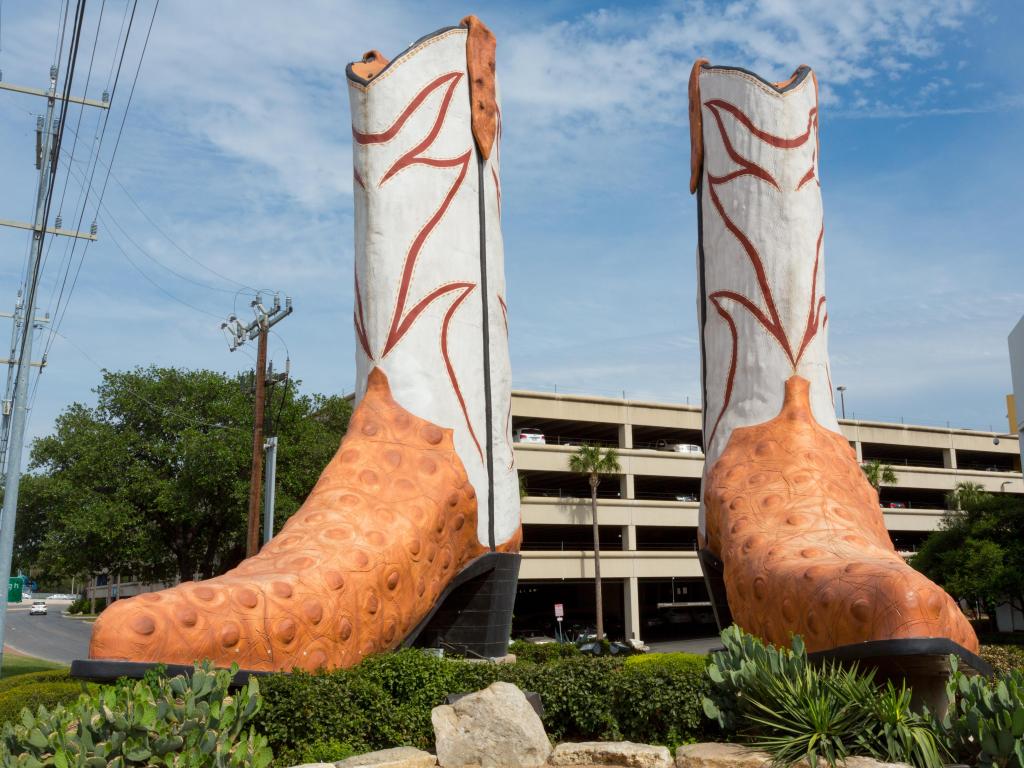  The iconic San Antonio cowboy boots landmark outside the North Star Mall on a partially cloudy day
