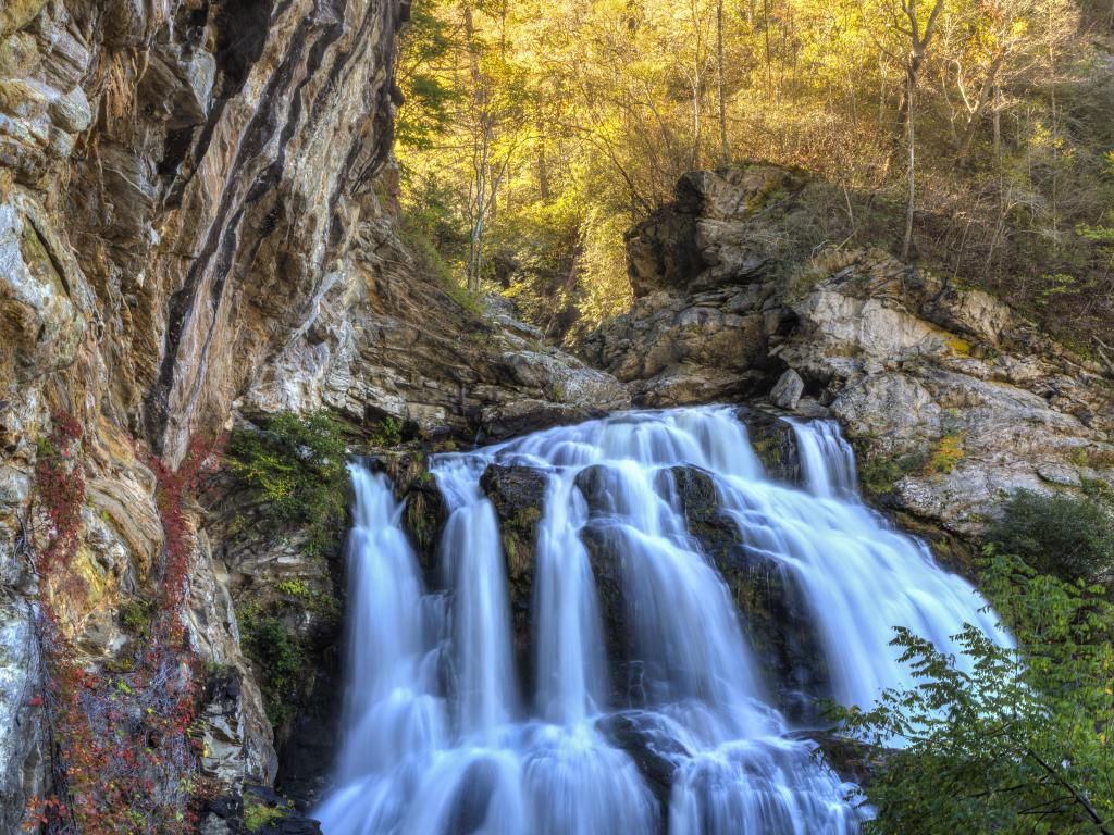Nantahala National Forest near Highlands, North Carolina, USA with the Cullasaja river cascading through a gorge at the lower Culasaja Falls.