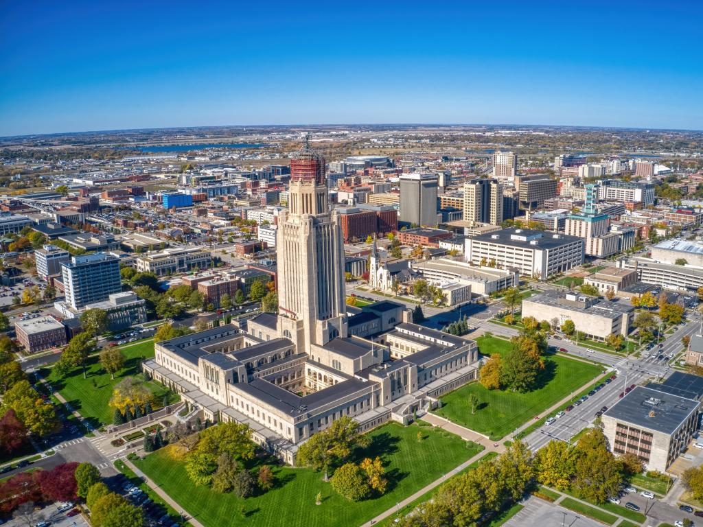 Aerial View of Lincoln, Nebraska in Autumn on a sunny day.