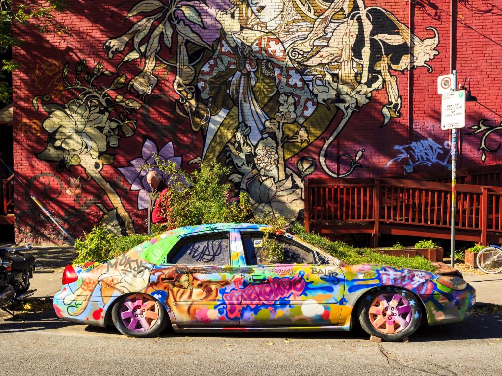 Car covered in graffiti with plants growing from the bonnet