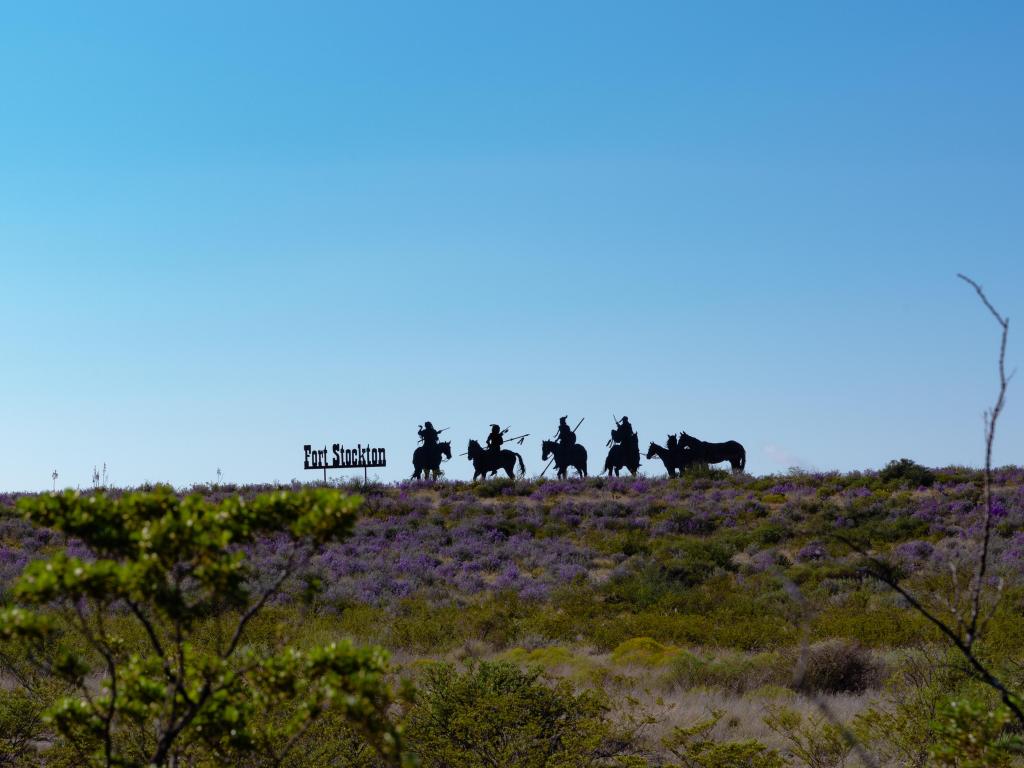 Silhouette of a sign for Fort Stockton in Texas on the hillside, with wildflowers in the foreground