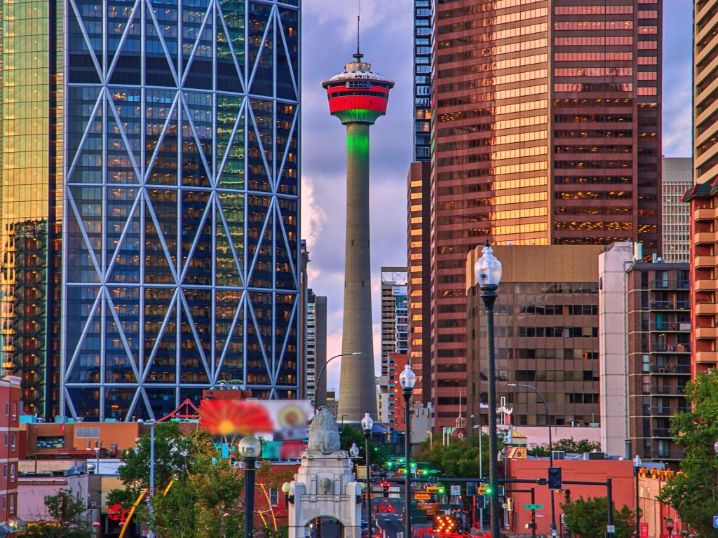 Colorful skyscrapers with the Calgary Tower in the middle