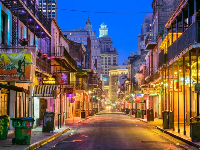 New Orleans, Louisiana, USA taken at Bourbon Street in the early morning. The renown nightlife destination is in the heart of the French Quarter.