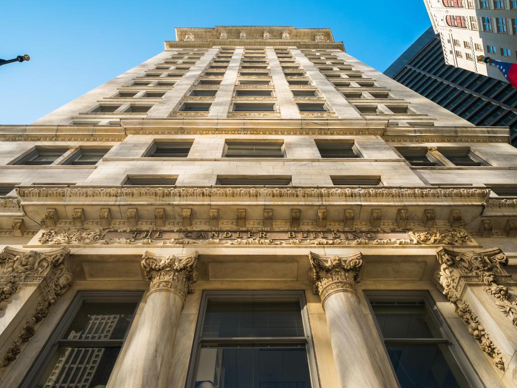 Close up shot of the ornate and historic classical facade of the Candler Building in Atlanta