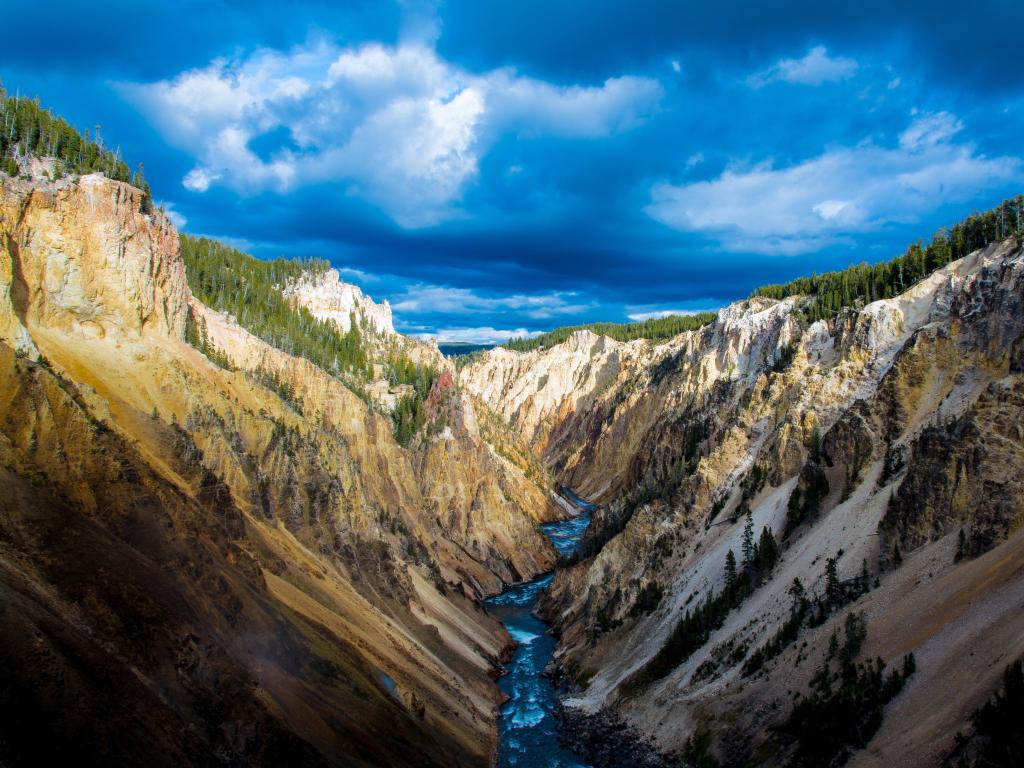 Yellowstone Canyon, Lower Yellowstone Falls, Wyoming, USA looking downriver of Lower Yellowstone Falls on a stormy day.