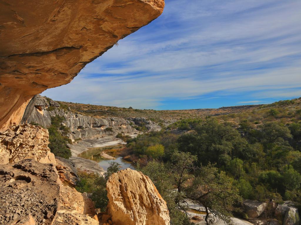 View over Seminole Canyon, Texas on a sunny day, with vegetation in the canyon below