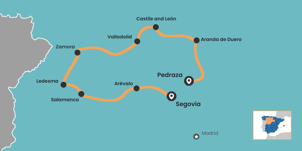 Castile and Leon road trip map from Segovia to Salamanca, Valladolid and Duero valley