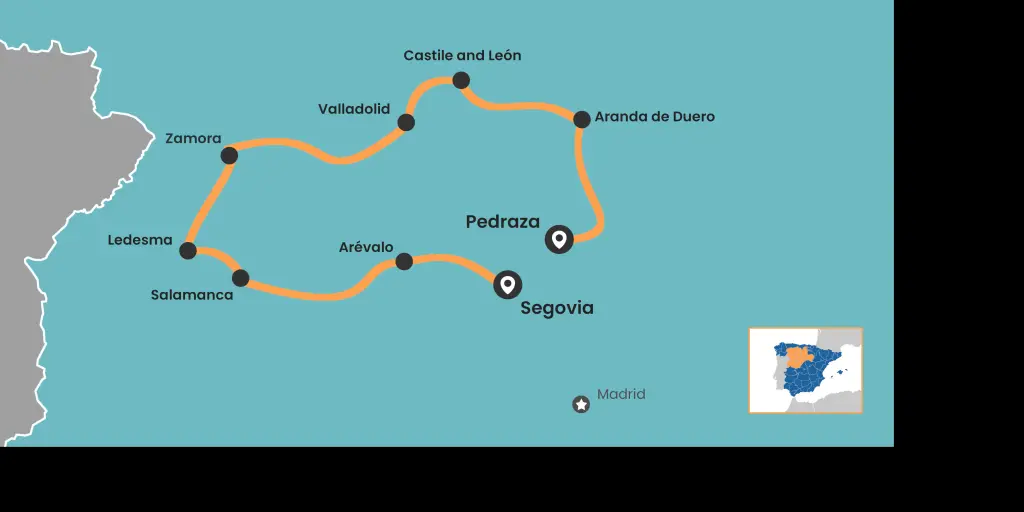 Castile and Leon road trip map from Segovia to Salamanca, Valladolid and Duero valley