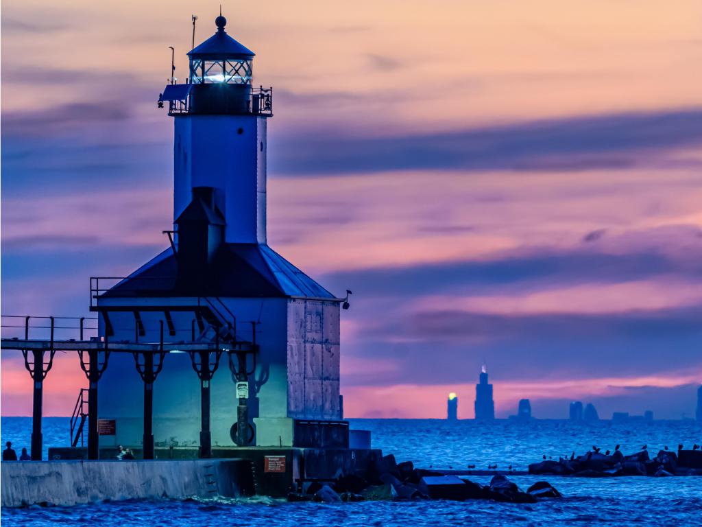 Washington Park Iconic Lighthouse during Blue Hour sunset.