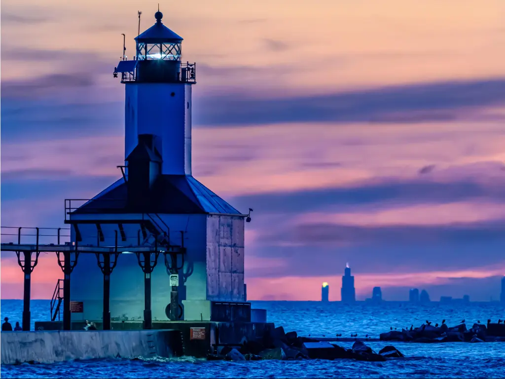 Washington Park Iconic Lighthouse during Blue Hour sunset.