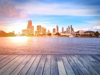 Gold Coast skyline, sun setting in the background