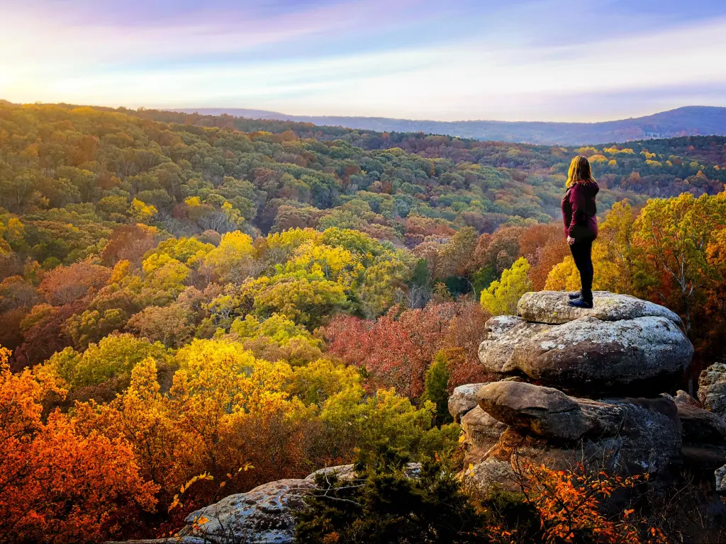 A beautiful autumnal day in the Garden of the Gods in Shawnee National Forest, with red and golden foliage on the forest trees. A person stands on a rock.