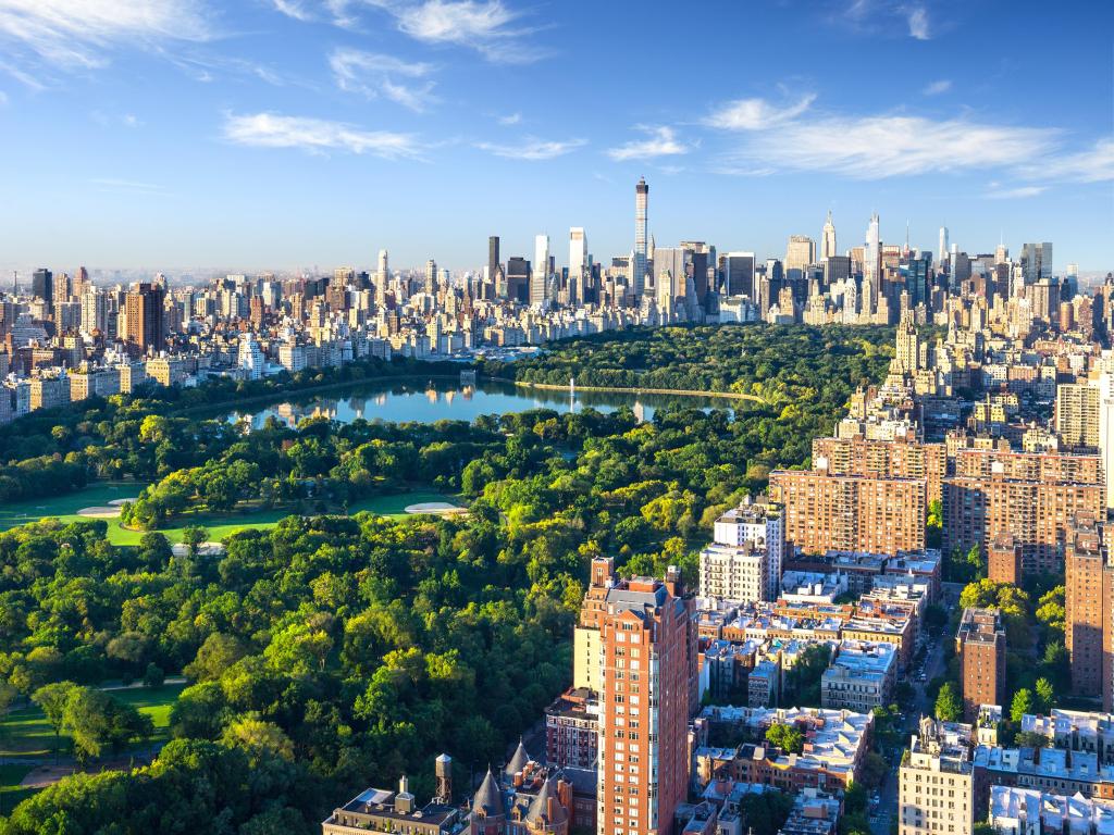 Aerial view of lush green Central Park and surrounding Manhattan buildings and skyscrapers, New York