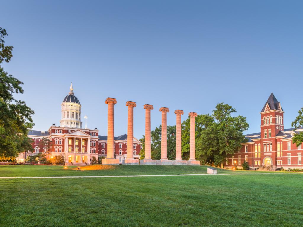 Columbia, Missouri, USA historic columns at twilight.