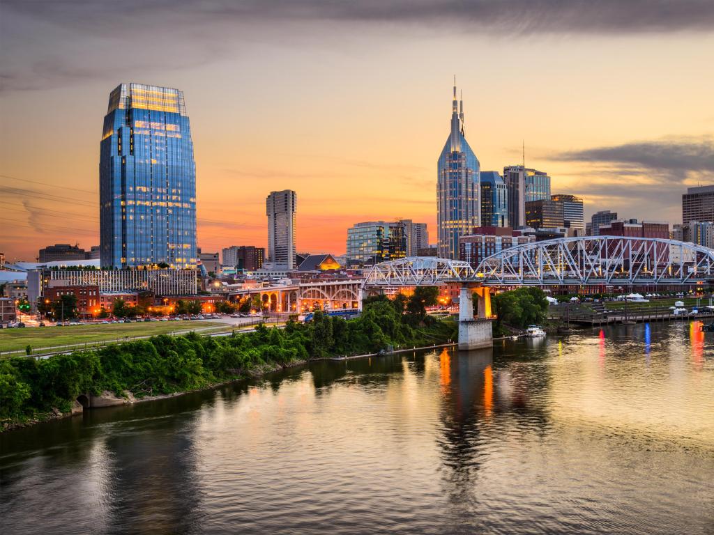 Nashville, Tennessee downtown skyline at Shelby Street Bridge at sunset.