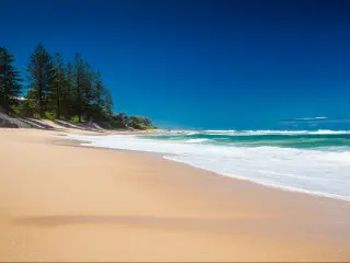 White gold sand with calm turquoise sea breaking on the beach, trees, clear blue sky