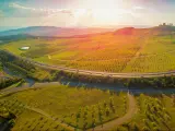 Aerial panorama of green fields and gently rolling hills - Tuggeranong Parkway and National Arboretum at sunset in Canberra, Australia