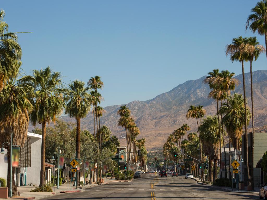 View of Downtown Palm Springs, California with palm trees and mountains in the distance.