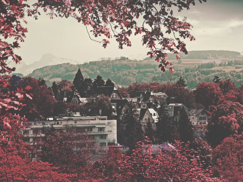 Red-leafed trees surround the canton of Bern in Switzerland